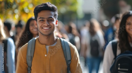 Smiling Young Man with Backpack in a Busy Outdoor Setting, Surrounded by People