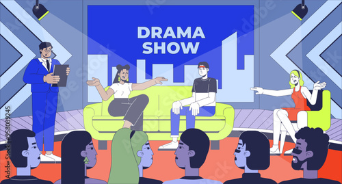 Social issue TV show flat illustration. Human drama reality television. Women participants yelling blaming 2D characters cartoon background. Broadcasting program scene vector storytelling image