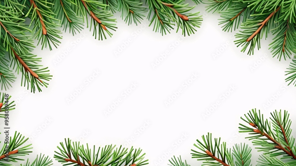 Green pine branches frame a white background. Green pine branches frame a white background.