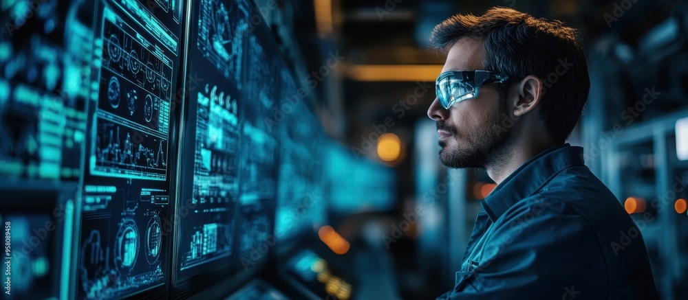 Futuristic Engineer Analyzing Data on Multiple Screens in High-Tech Control Room with Advanced Technology Futuristic Engineer Analyzing Data on Multiple Screens in High-Tech Control Room with Advanced Technology