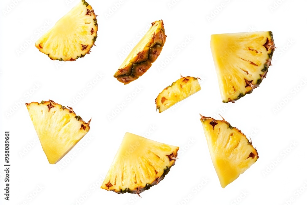 Naklejka premium Falling pineapple slices isolated on a white background