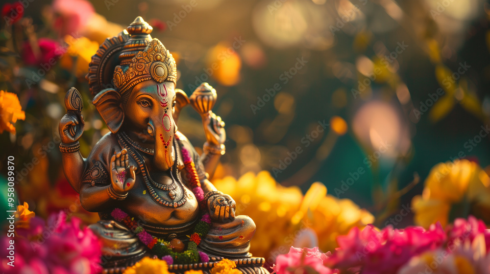 Fototapeta premium Lord Ganesha statue with decorative floral elements - ai generative