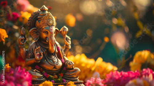 Lord Ganesha statue with decorative floral elements - ai generative photo