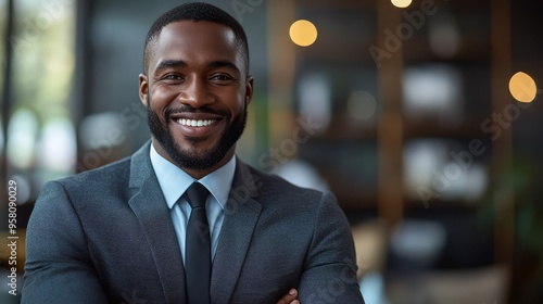 Business leader smiling warmly during a team meeting in a modern conference room