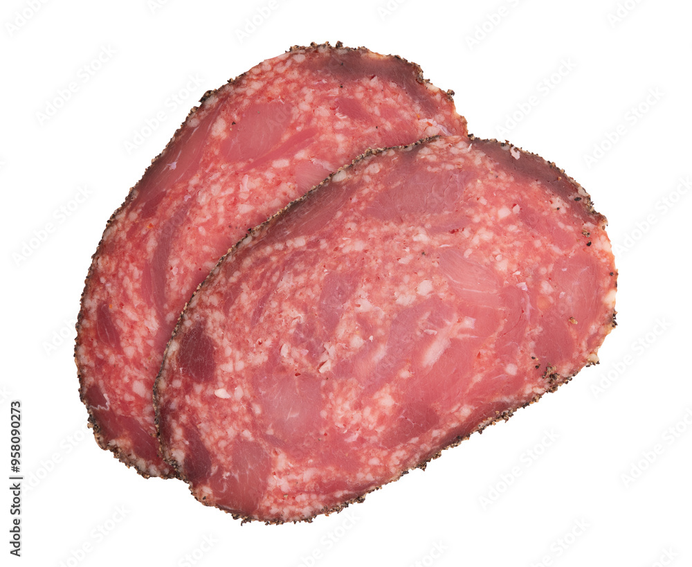 slices of spanish salchichon sausage isolated on white with clipping path slices of spanish salchichon sausage isolated on white with clipping path