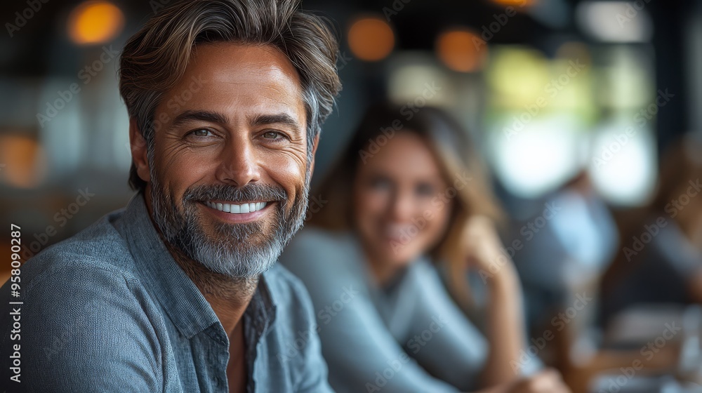Business leader smiling warmly during a team meeting in a modern conference room Business leader smiling warmly during a team meeting in a modern conference room