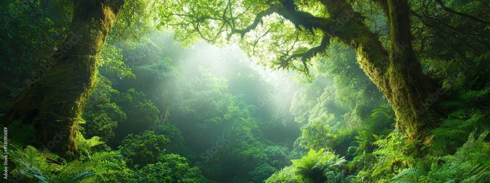 A narrow road winds through a dense, lush green forest, lined with tall trees and abundant green foliage on both sides A narrow road winds through a dense, lush green forest, lined with tall trees and abundant green foliage on both sides