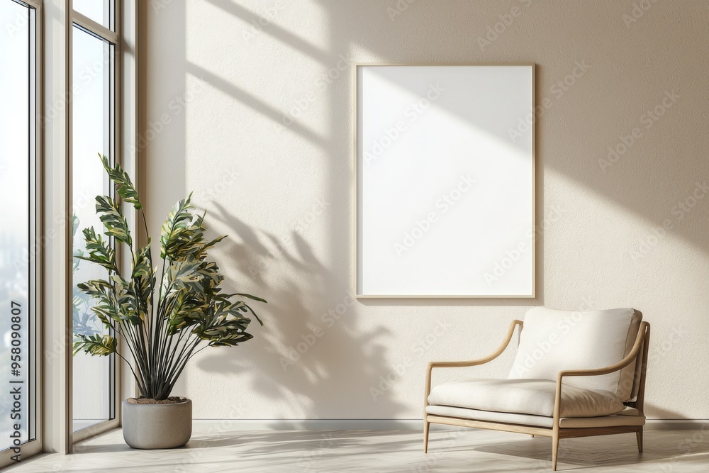Poster Frame in Beige minimalist living room interior created with generative AI Poster Frame in Beige minimalist living room interior created with generative AI