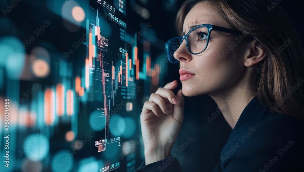 An analytical mind at work: A woman in glasses deeply contemplating data displayed on a digital screen filled with financial graphs, suggesting strong intelligence and determination. An analytical mind at work: A woman in glasses deeply contemplating data displayed on a digital screen filled with financial graphs, suggesting strong intelligence and determination.
