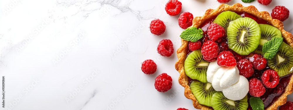 A pie, topped with kiwi, raspberries, and whipped cream on a marble counter A pie, topped with kiwi, raspberries, and whipped cream on a marble counter