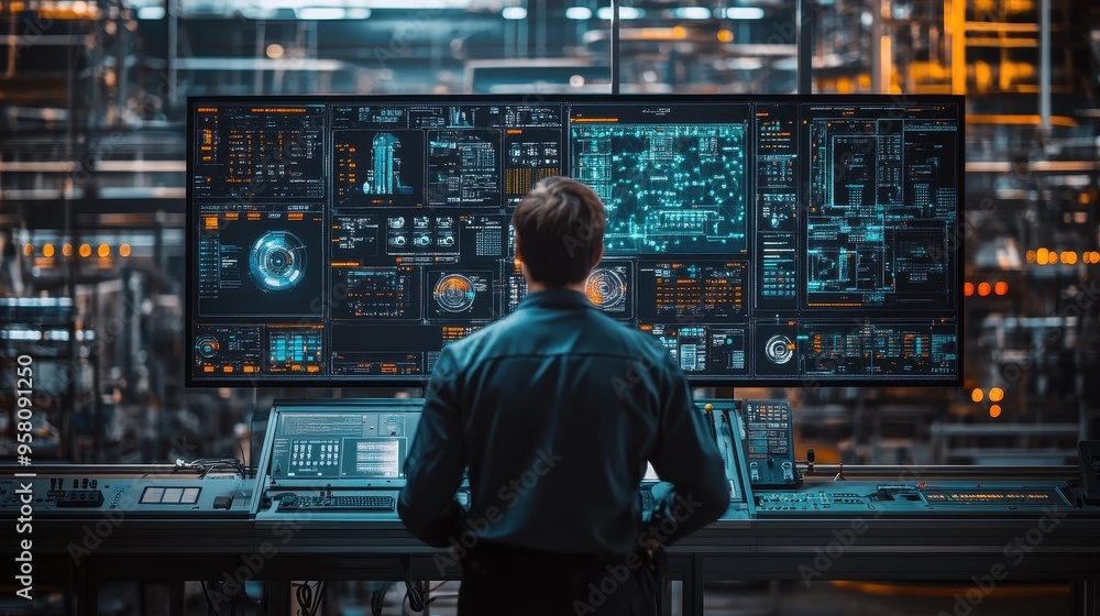 Engineer Monitoring Advanced Data on Multiple Screens in a High-Tech Control Room with Futuristic Interface Engineer Monitoring Advanced Data on Multiple Screens in a High-Tech Control Room with Futuristic Interface
