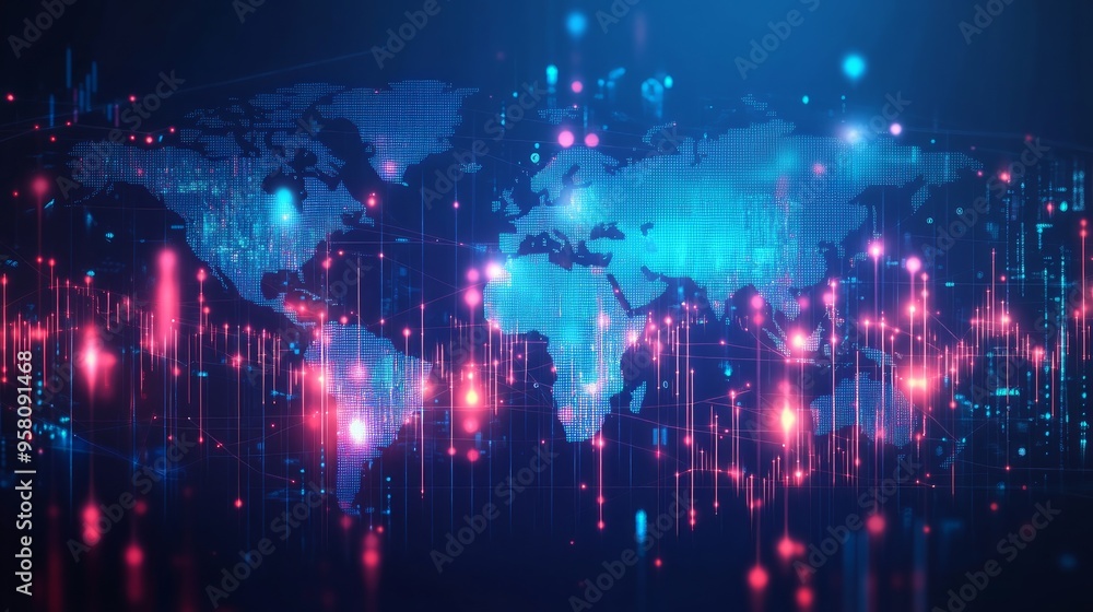 Abstract stock market candlesticks and world map on technology blue background. Low poly wireframe digital growing graph chart with glowing light effect. Vector business banner. Investment concept Abstract stock market candlesticks and world map on technology blue background. Low poly wireframe digital growing graph chart with glowing light effect. Vector business banner. Investment concept