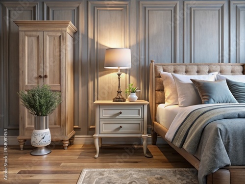 A luxurious bedroom interior featuring a wooden-paneled wall  elegant bed with plush pillows  and matching bedside tables. Soft lighting creates a cozy  serene atmosphere  perfect for relaxation.