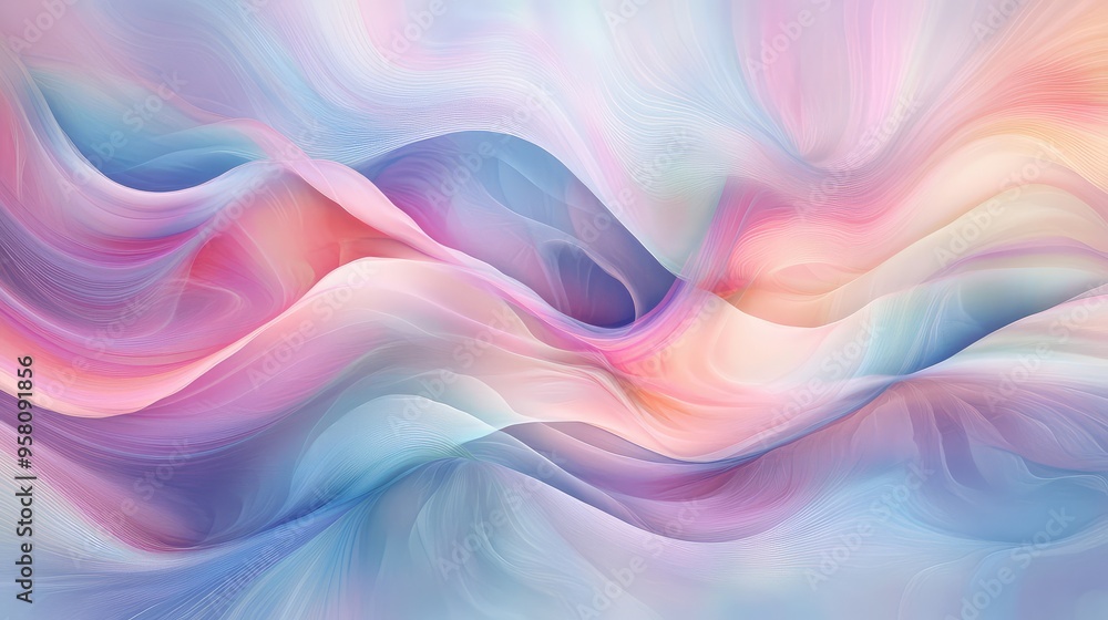 Obraz premium Soft, flowing abstract patterns in pastel colors, representing the gentle movement of spring rain