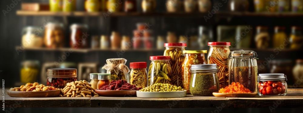 Variety of preserved foods in jars on a wooden shelf in a pantry Variety of preserved foods in jars on a wooden shelf in a pantry