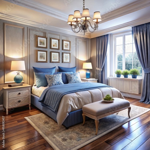 Bedroom interior featuring a luxurious bed with a tufted headboard, blue bedding, and matching curtains. The room is accented with classic wall moldings, bedside tables, and a grand chandelier.