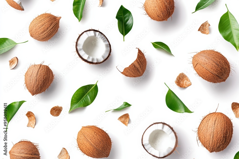 Falling coconut shells isolated on a white background with a clipping path, Falling coconut shells isolated on a white background with a clipping path,