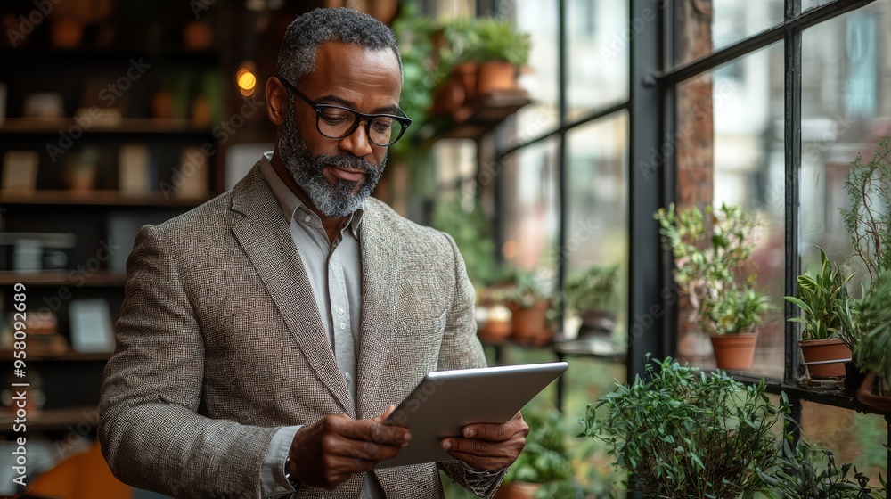 Businessman reviewing a business plan on a tablet while standing by a large window with a city view Businessman reviewing a business plan on a tablet while standing by a large window with a city view