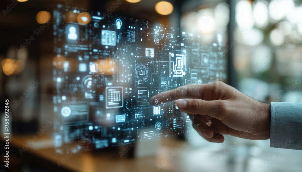 Businessman navigating through virtual data network with digital user interface Businessman navigating through virtual data network with digital user interface