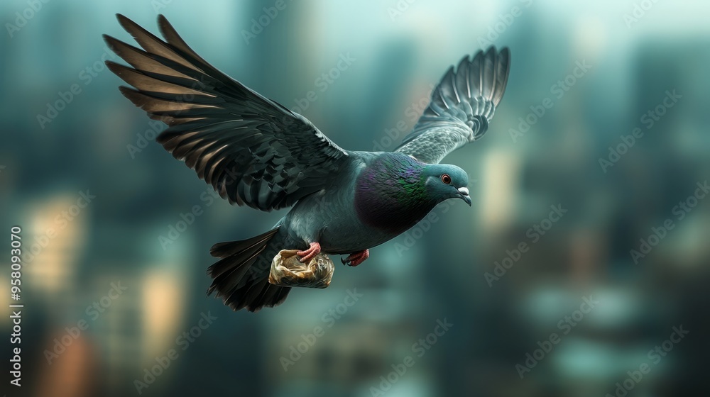 Obraz premium Pigeon Clutching a Discarded Plastic Bag with Food Remnants in Urban Setting