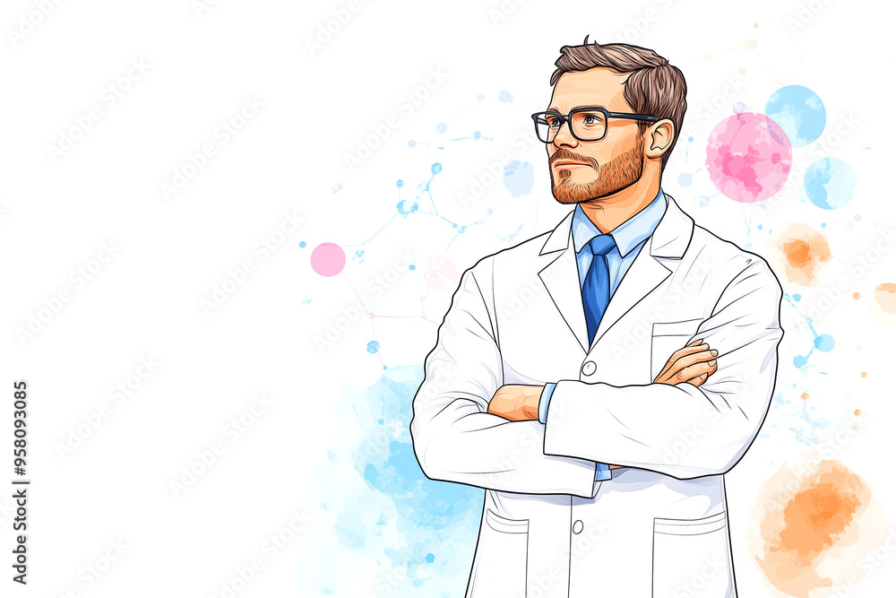 A man in a white lab coat and blue tie is standing with his arms crossed. He is looking off to the side A man in a white lab coat and blue tie is standing with his arms crossed. He is looking off to the side