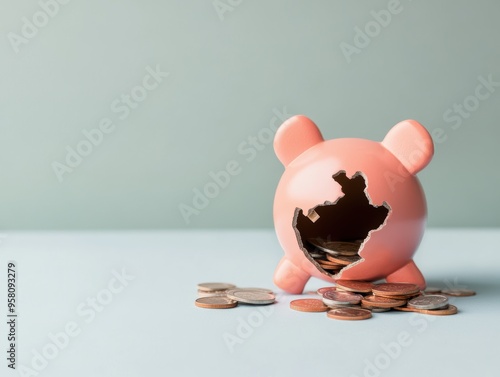 A broken piggy bank spilling coins on a soft surface, symbolizing financial troubles and saving habits. photo