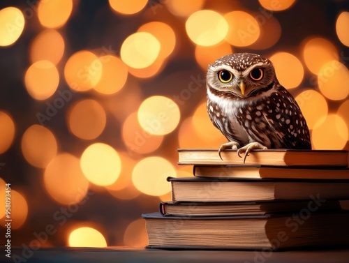 Wallpaper Mural A charming owl perches on stacked books, illuminated by warm bokeh lights, creating a cozy and intellectual atmosphere. Torontodigital.ca