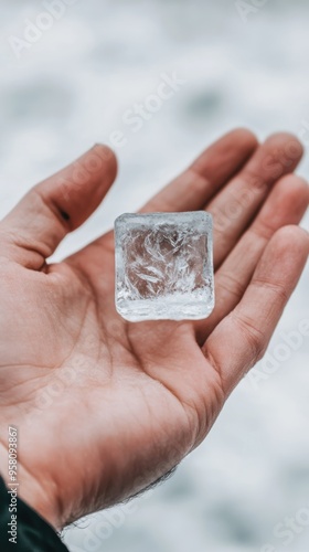 A close-up of a hand holding a clear ice cube, showcasing texture and clarity against a blurred background.