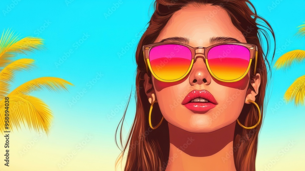 A vibrant pop art illustration featuring a stylish young woman with sunglasses, capturing s and s beach vibes. A vibrant pop art illustration featuring a stylish young woman with sunglasses, capturing s and s beach vibes.