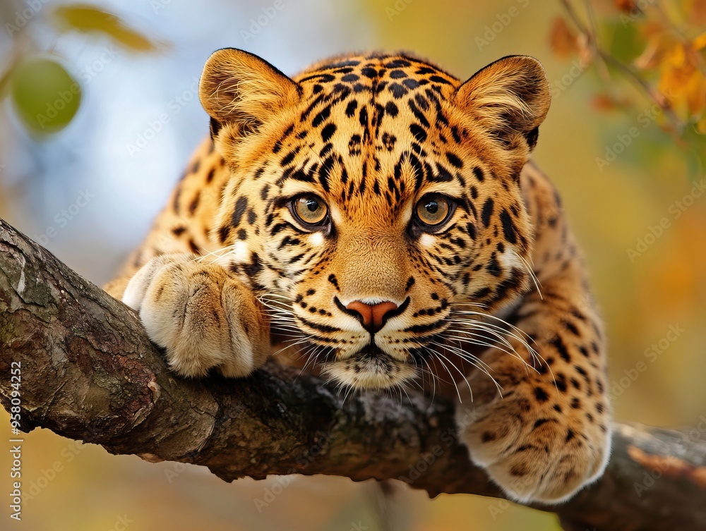 Obraz premium A close-up of a majestic leopard resting on a branch amidst autumn leaves, showcasing its striking coat and intense gaze.