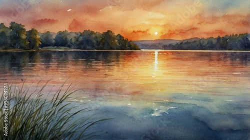 Sunset over lake watercolor style