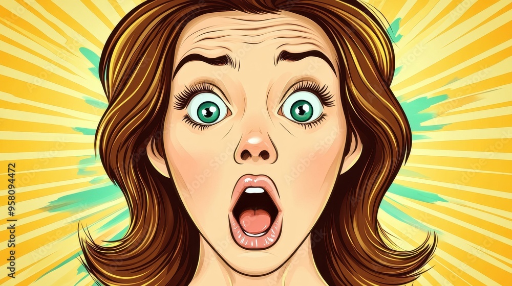 A character illustrates surprise and fear with wide eyes, depicted in vibrant comic style with modern textures. A character illustrates surprise and fear with wide eyes, depicted in vibrant comic style with modern textures.