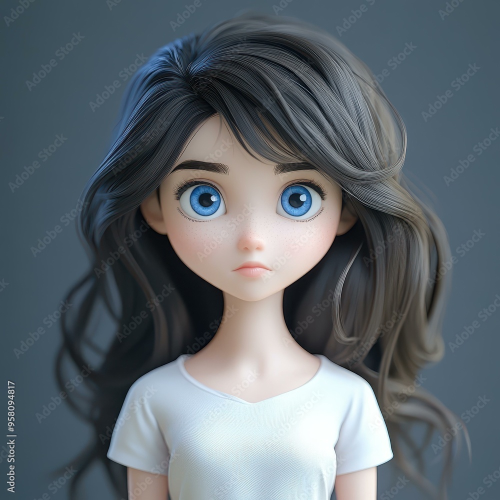 Φωτογραφία A whimsical 3K UHD animation featuring a cartoon girl with long hair and striking blue eyes, vividly rendered in CinemaD