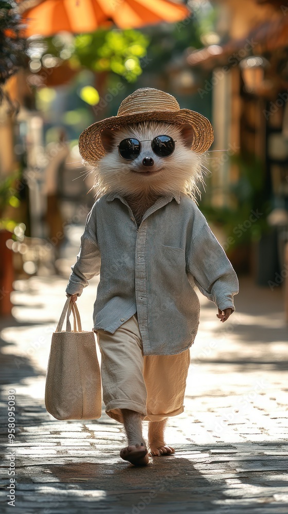 Φωτογραφία A lemur wearing a straw hat, sunglasses, and a shirt walks down a cobblestone street carrying a canvas tote bag