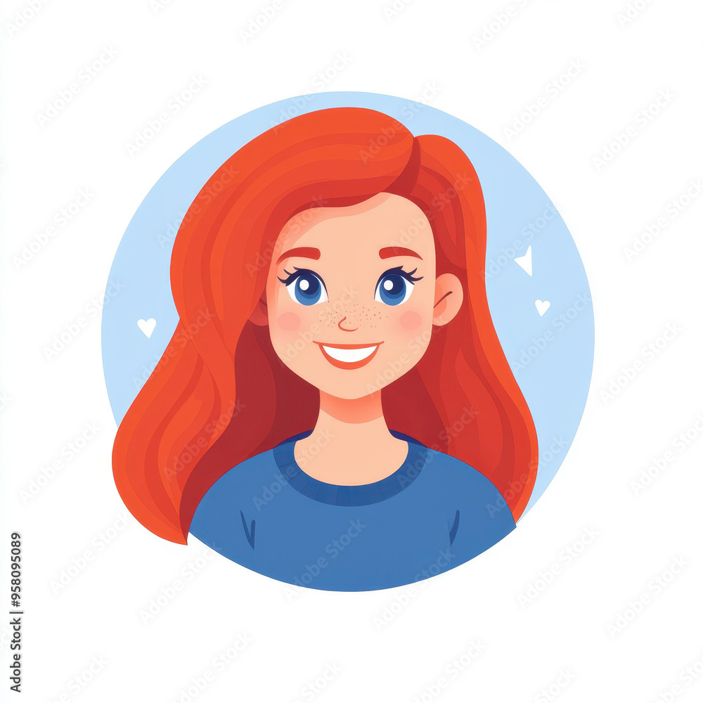 A vibrant vector style illustration of a girl with red hair, smiling cheerfully against a soft blue pastel background. A vibrant vector style illustration of a girl with red hair, smiling cheerfully against a soft blue pastel background.