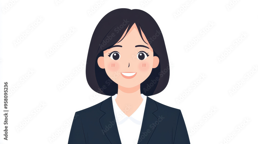 Charming vector art of a smiling Japanese lady with a trendy bob haircut, set against a clean white backdrop. Charming vector art of a smiling Japanese lady with a trendy bob haircut, set against a clean white backdrop.
