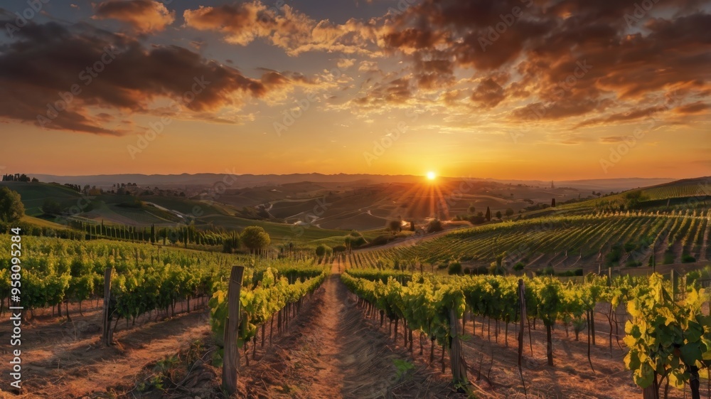 Naklejka premium Sunset over vineyard on hill, wide-angle panorama
