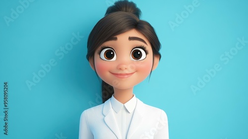 A 3yearold Asian woman exudes elegance in a white suit against a soft blue backdrop, radiating confidence and joy. photo