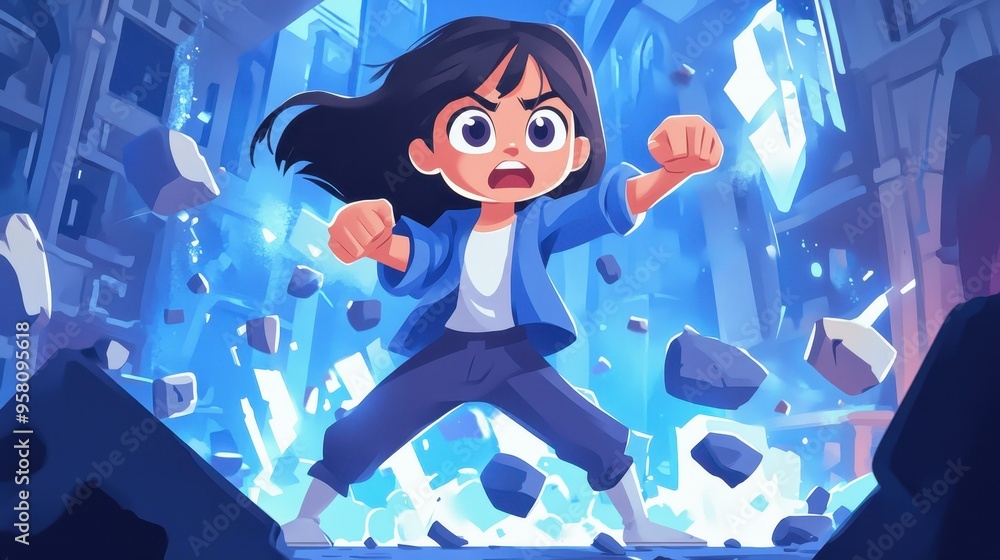 A fierce girl unleashes her magic fists in Gothic ruins, shaking the ground and leaving destruction in her wake. A fierce girl unleashes her magic fists in Gothic ruins, shaking the ground and leaving destruction in her wake.