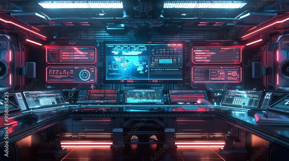 Futuristic Command Center with Multiple Monitors Displaying Data and Code Futuristic Command Center with Multiple Monitors Displaying Data and Code