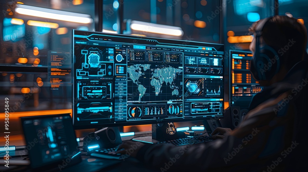 Hacker in a Dark Room Monitoring Global Data on a Large Screen Hacker in a Dark Room Monitoring Global Data on a Large Screen