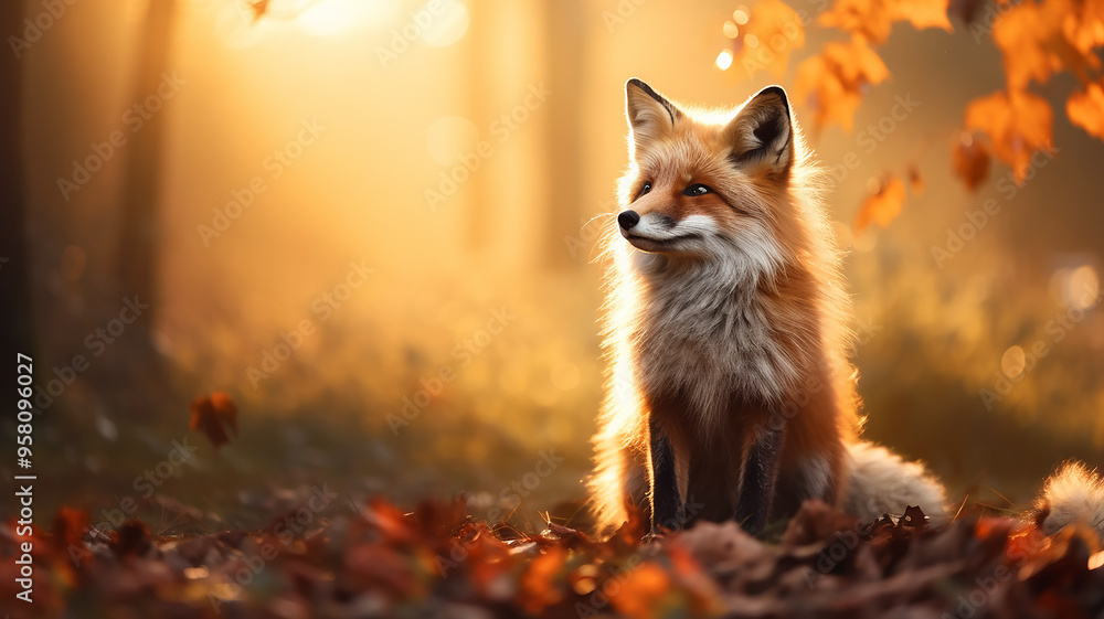 Φωτογραφία cute fox in the autumn forest, orange tones of an autumn day in a portrait of a