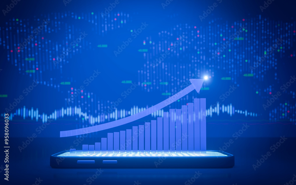 Naklejka premium Candlestick chart Investing in the stock market. Bar graph represents transactions, buying and selling all the time. Digital or online speculative trading background or wallpaper. 3d rendering..