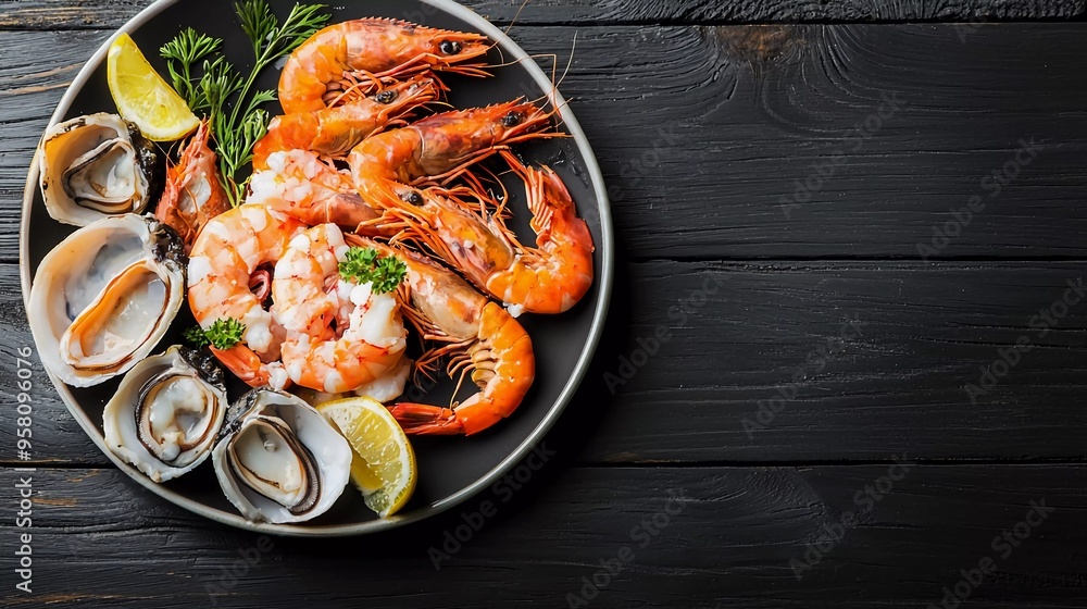 Set of Seafood Dishes. Seafood on a delicious plate. On a black wooden background. Top view. Free copy space Set of Seafood Dishes. Seafood on a delicious plate. On a black wooden background. Top view. Free copy space