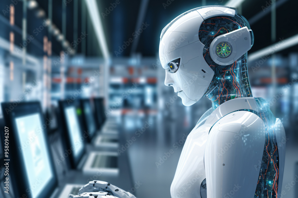 An advanced artificial intelligence humanoid robot is conducting experiments on a holographic screen An advanced artificial intelligence humanoid robot is conducting experiments on a holographic screen