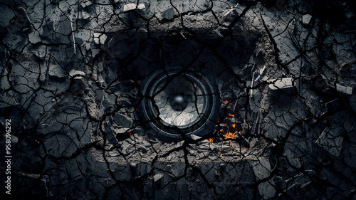 loud background music, cracks on the destroyed speaker from the powerful loud sound of music, abstract fictional background computer graphics