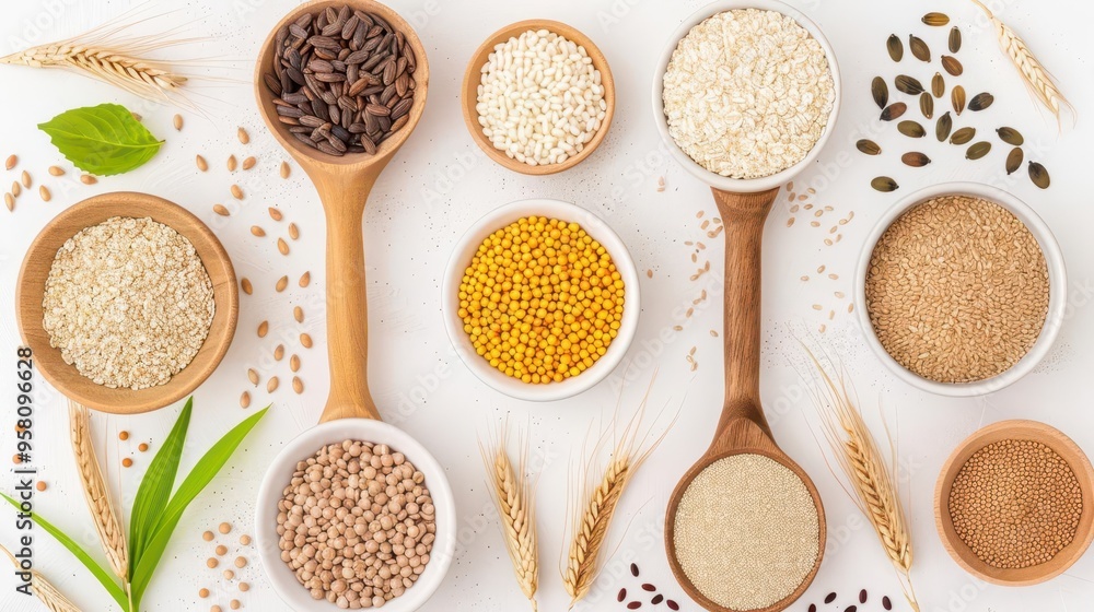 An assortment of diverse grains and seeds displayed in wooden spoons, perfect for healthy cooking and culinary inspiration. An assortment of diverse grains and seeds displayed in wooden spoons, perfect for healthy cooking and culinary inspiration.