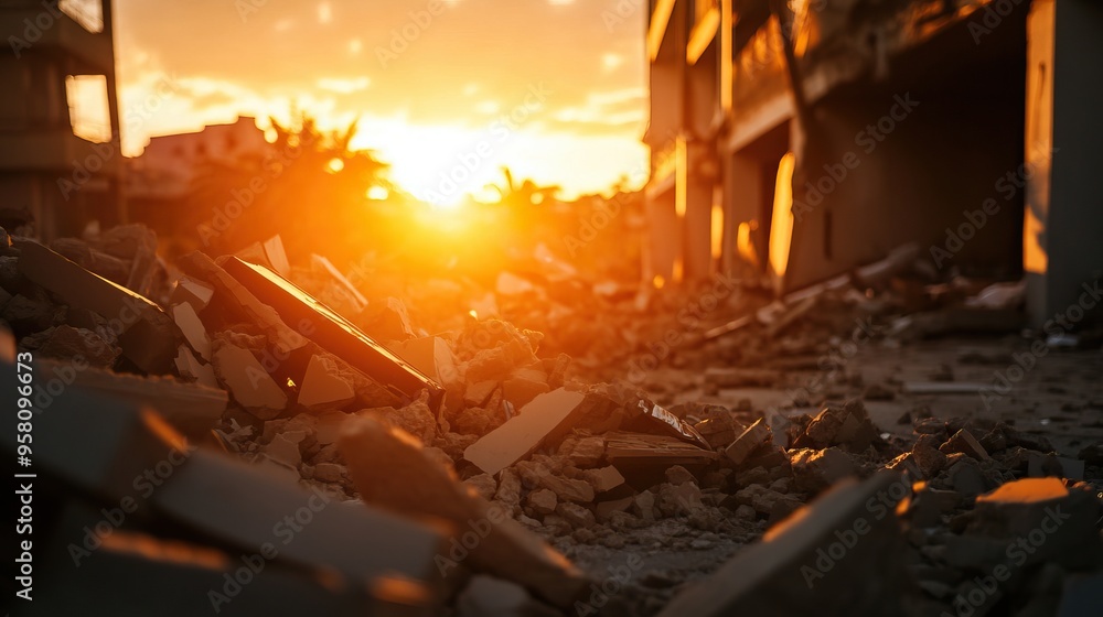 Obraz premium A dramatic sunset over a rubble-strewn landscape, symbolizing destruction and resilience in urban environments.