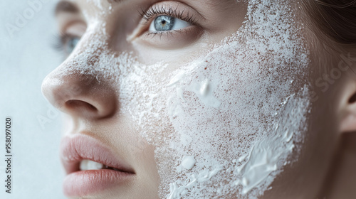 Close-up of a young woman applying moisturizing cream to her face with a white towel on her head. A skincare routine shot highlighting fresh, glowing skin and beauty care practices, focusing on hydrat photo