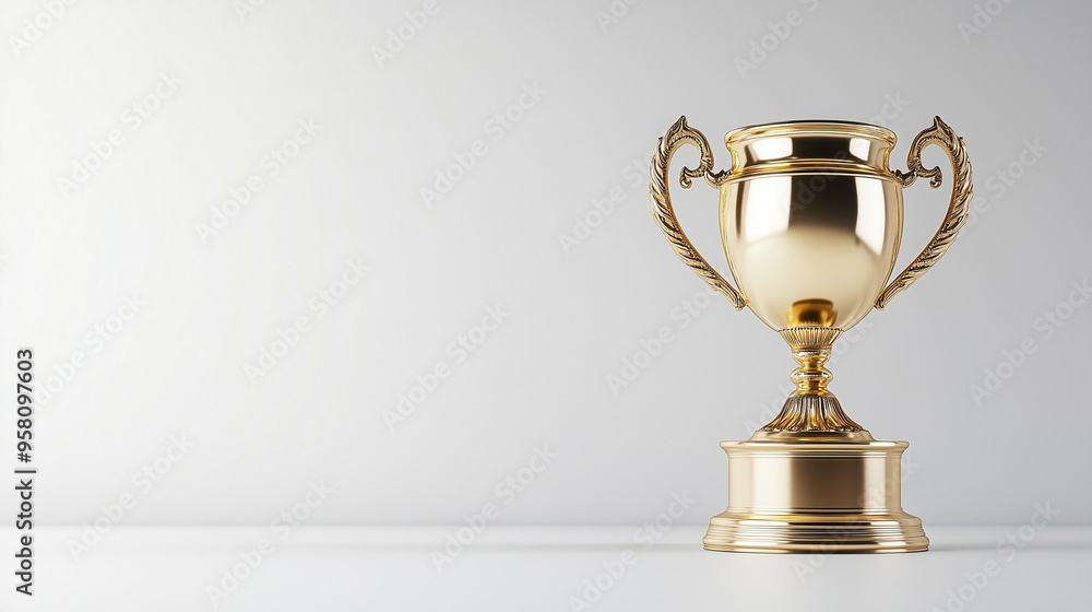 Obraz premium Wyróżniające się złote trofeum umieszczone na białym tle, reprezentujące elegancję i prestiż. Idealne do uznawania wyjątkowych osiągnięć i jako symbol sukcesu w różnych dziedzinach.